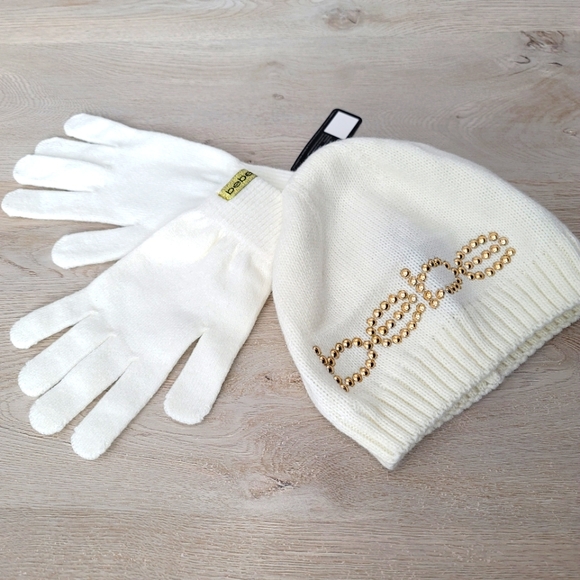 bebe Accessories - NEW bebe Spell Out Logo Knit Winter Beanie Hat & Gloves Set Ivory
